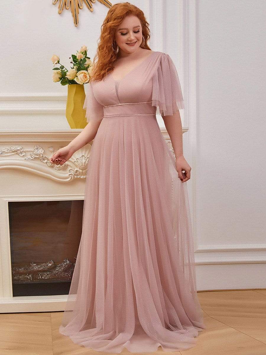 Plus Size V Neck Tulle Formal Evening Dress with Ruffle Sleeves