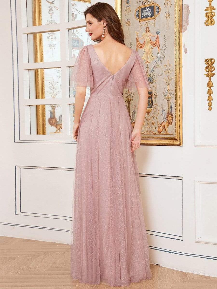 Romantic V Neck Tulle Evening Dress with Ruffle Sleeves