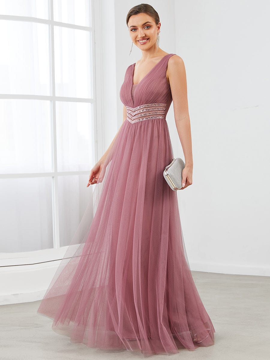 Sleeveless Tulle Sequin Chevron Empire Waist Evening Dress