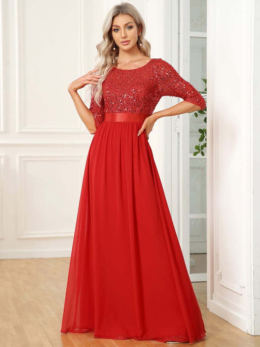 Elegant Round Neckline Long Sleeves Sequin Evening Dress