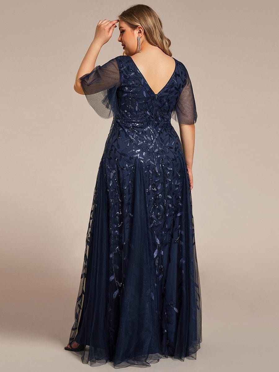 Custom Size V Neck Ruffle Sleeves Sequin Maxi Formal Evening Dress