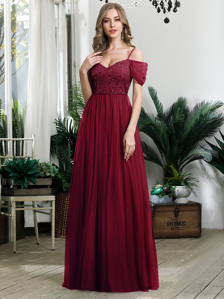 Custom Size Sequin Bodice Cold Shoulder Floor Length Tulle Bridesmaid Dress