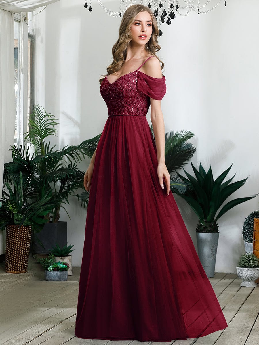 Sequin Bodice Cold Shoulder Floor Length Tulle Bridesmaid Dress