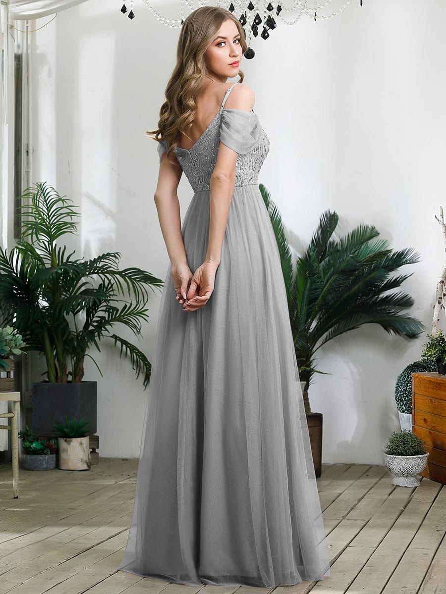 Custom Size Sequin Bodice Cold Shoulder Floor Length Tulle Bridesmaid Dress