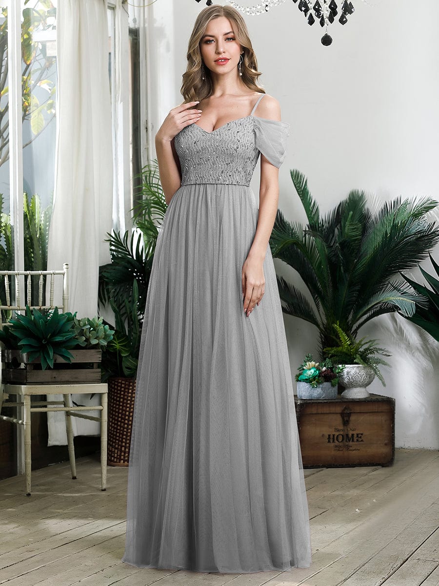 Custom Size Sequin Bodice Cold Shoulder Floor Length Tulle Bridesmaid Dress