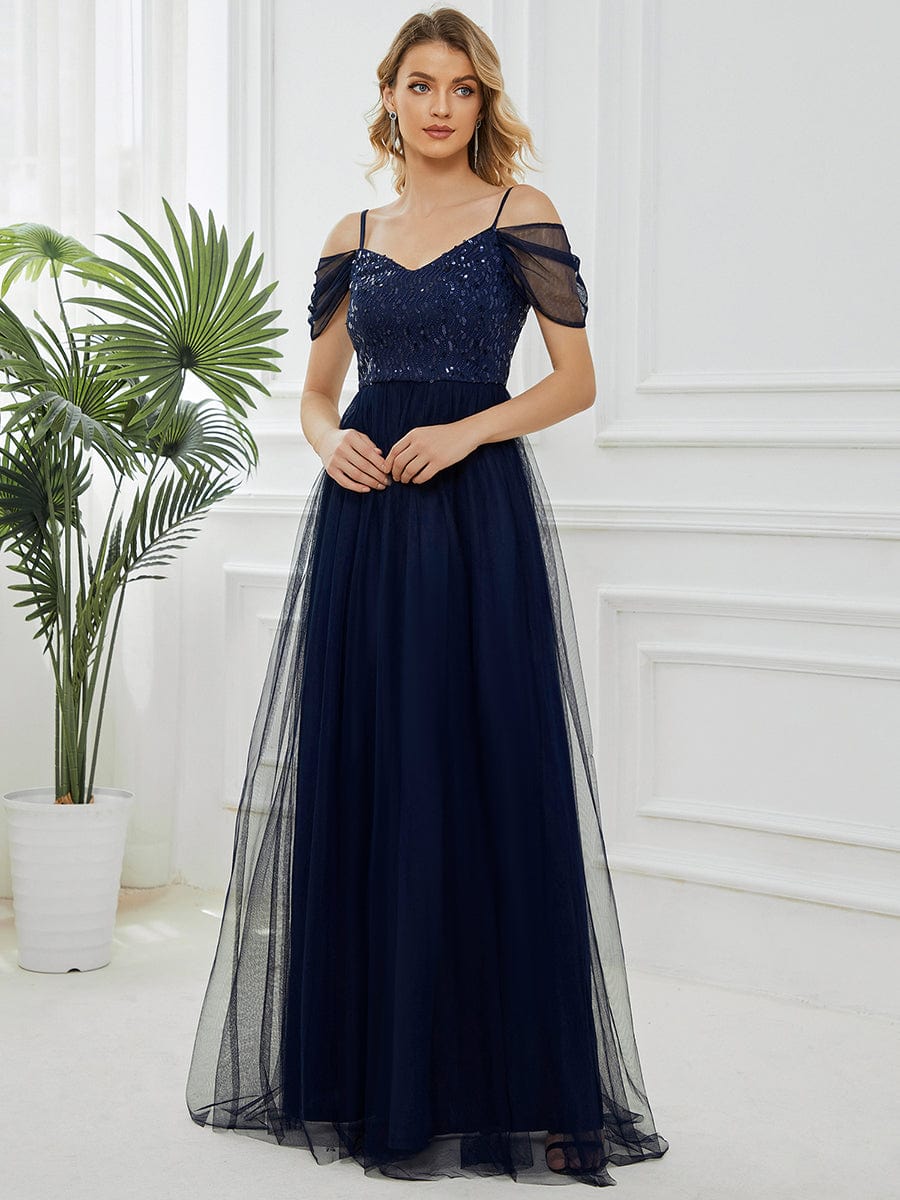 Custom Size Sequin Bodice Cold Shoulder Floor Length Tulle Bridesmaid Dress