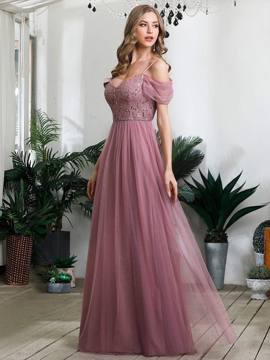 Sequin Bodice Cold Shoulder Floor Length Tulle Bridesmaid Dress