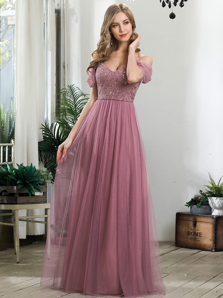 Sequin Bodice Cold Shoulder Floor Length Tulle Bridesmaid Dress