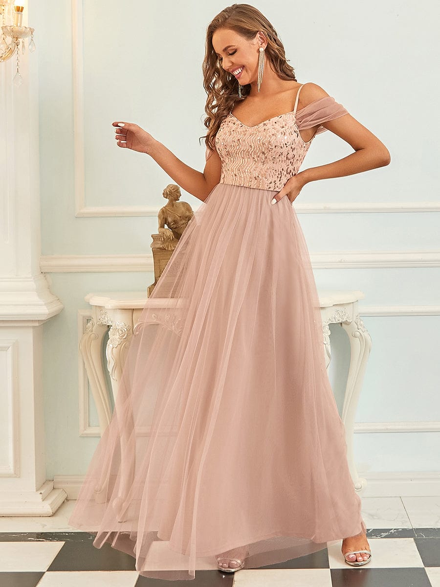 Custom Size Sequin Bodice Cold Shoulder Floor Length Tulle Bridesmaid Dress