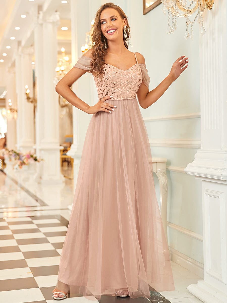 Custom Size Sequin Bodice Cold Shoulder Floor Length Tulle Bridesmaid Dress