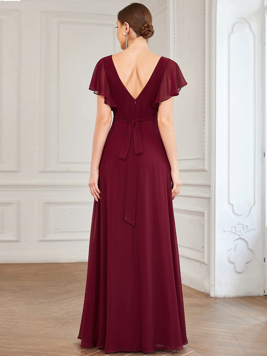 Short Ruffle Sleeve V-Neck Pleated Chiffon A-Line Evening Dress