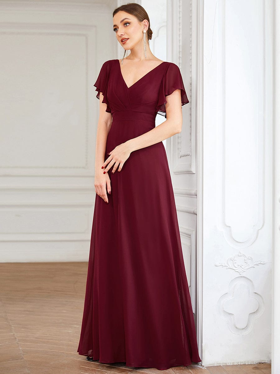 Short Ruffle Sleeve V-Neck Pleated Chiffon A-Line Evening Dress