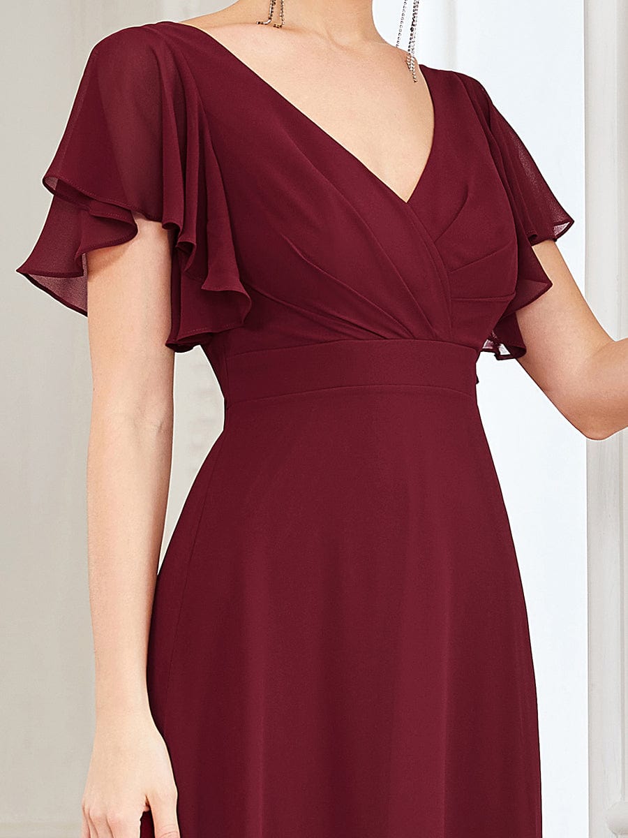 Short Ruffle Sleeve V-Neck Pleated Chiffon A-Line Evening Dress