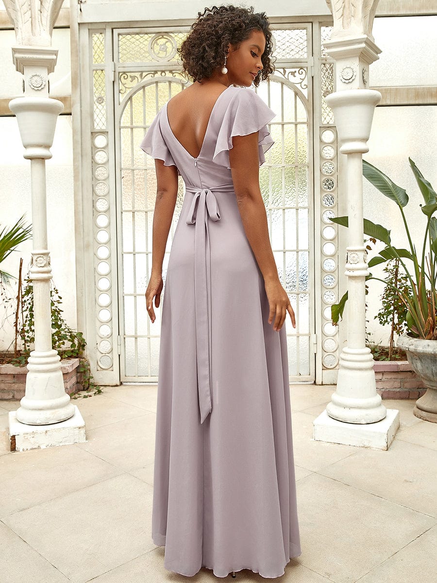 Short Ruffle Sleeve V-Neck Pleated Chiffon A-Line Evening Dress