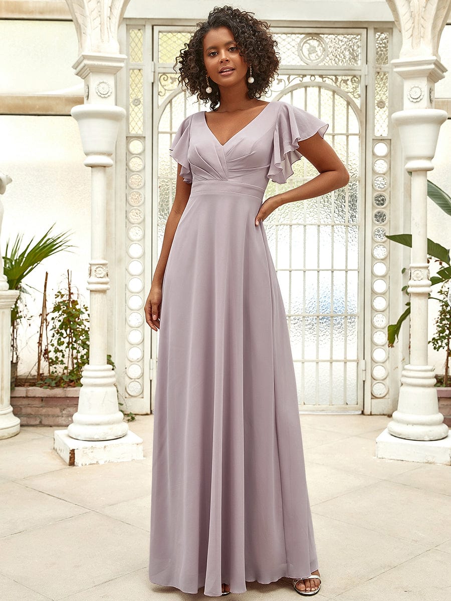 Short Ruffle Sleeve V-Neck Pleated Chiffon A-Line Evening Dress