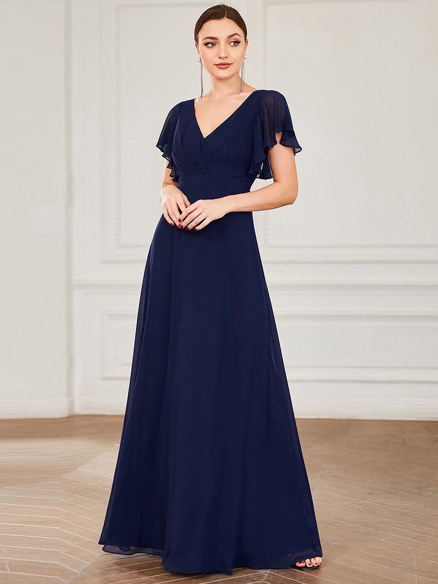 Short Ruffle Sleeve V-Neck Pleated Chiffon A-Line Evening Dress