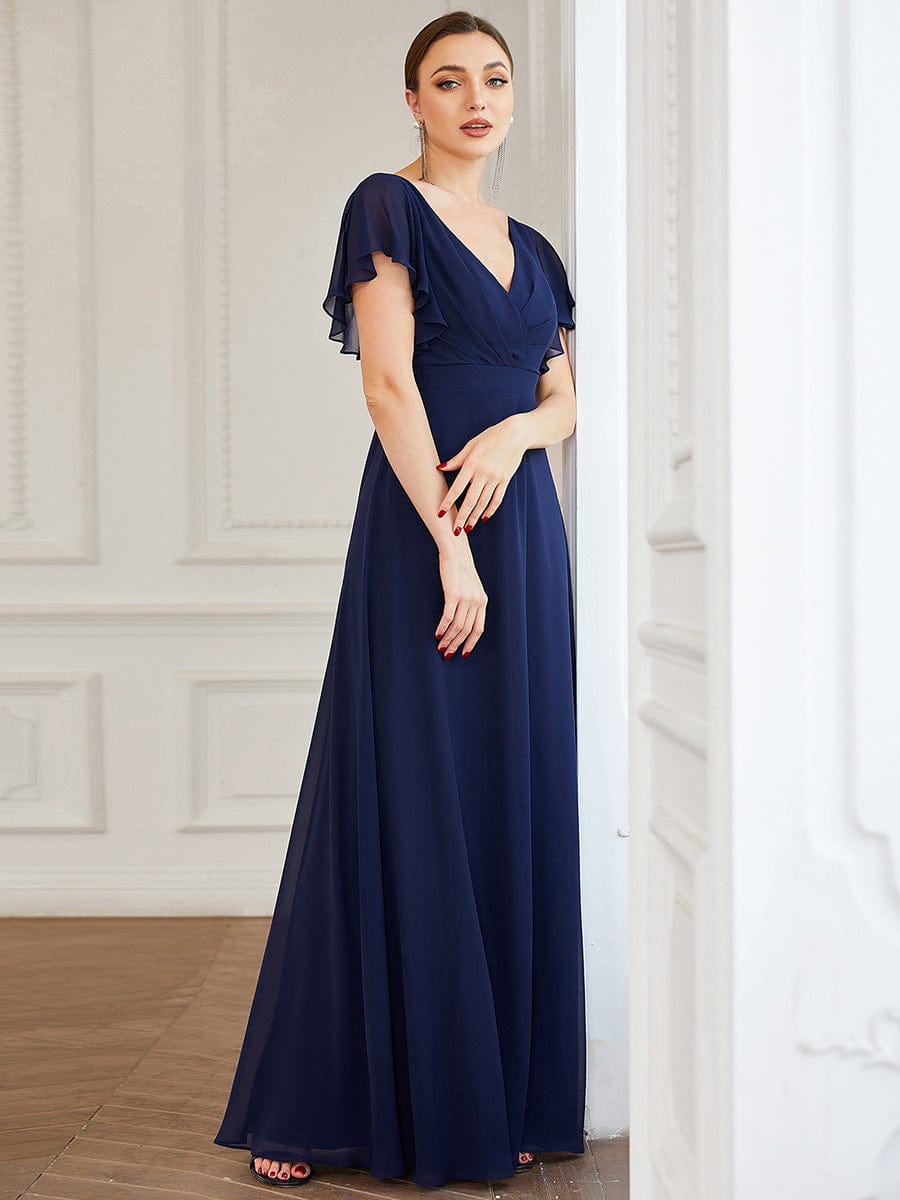 Short Ruffle Sleeve V-Neck Pleated Chiffon A-Line Evening Dress