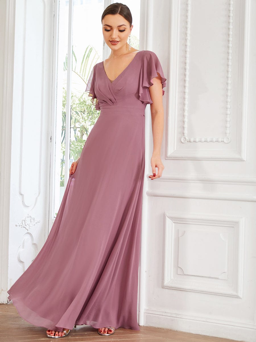 Short Ruffle Sleeve V-Neck Pleated Chiffon A-Line Evening Dress