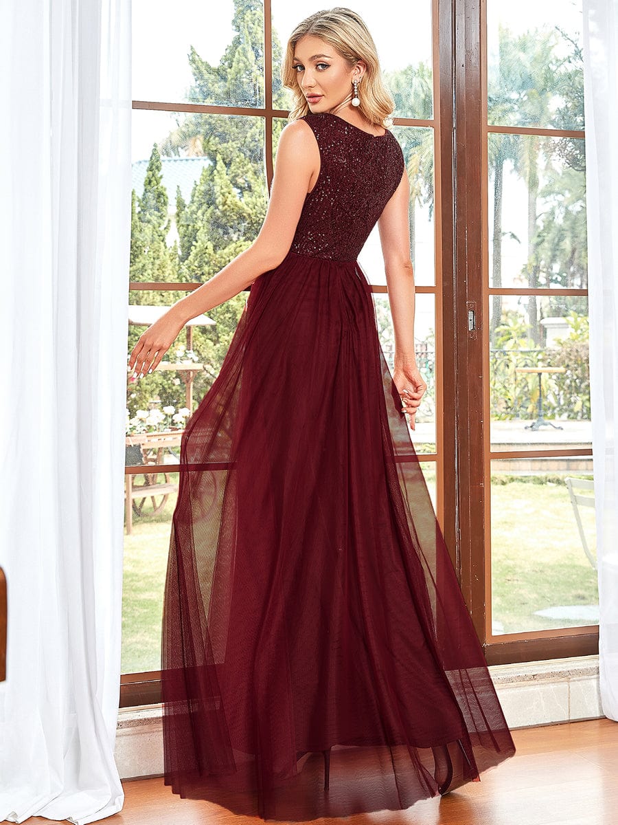 Sequin Illusion Plunging V-Neckline Sleeveless A-Line Tulle Evening Dress