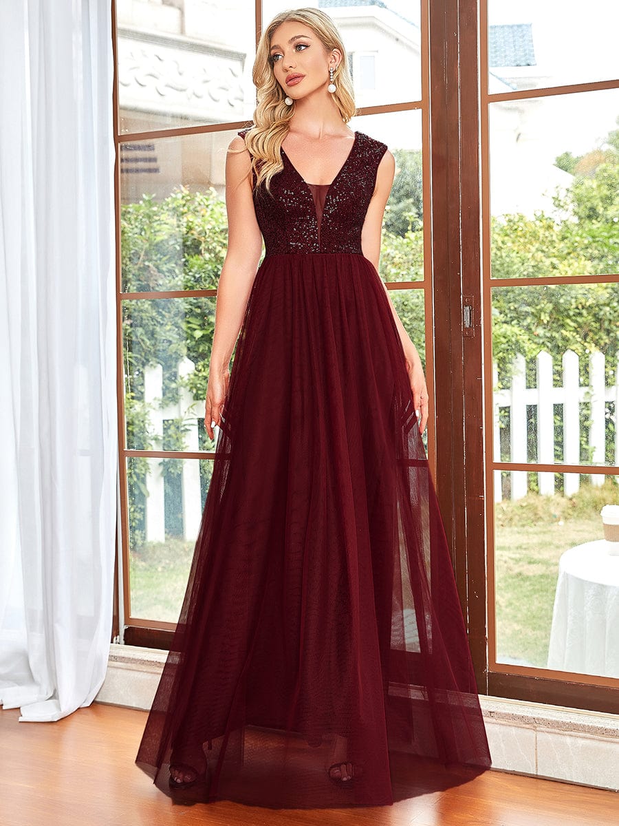 Sequin Illusion Plunging V-Neckline Sleeveless A-Line Tulle Evening Dress