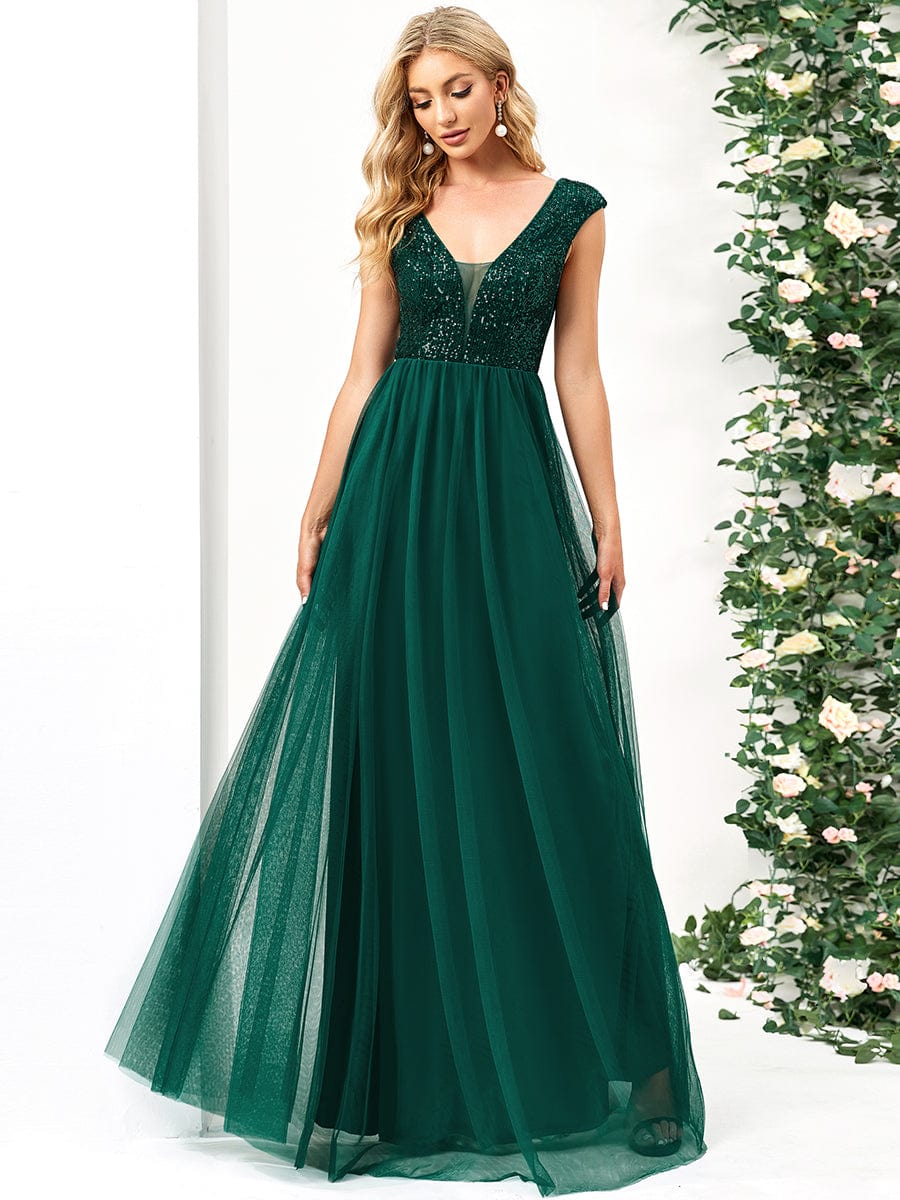 Sequin Illusion Plunging V-Neckline Sleeveless A-Line Tulle Evening Dress