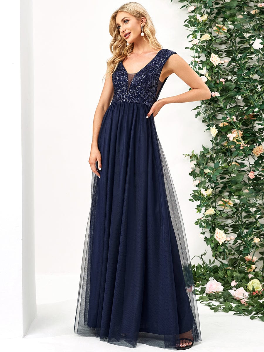 Sequin Illusion Plunging V-Neckline Sleeveless A-Line Tulle Evening Dress