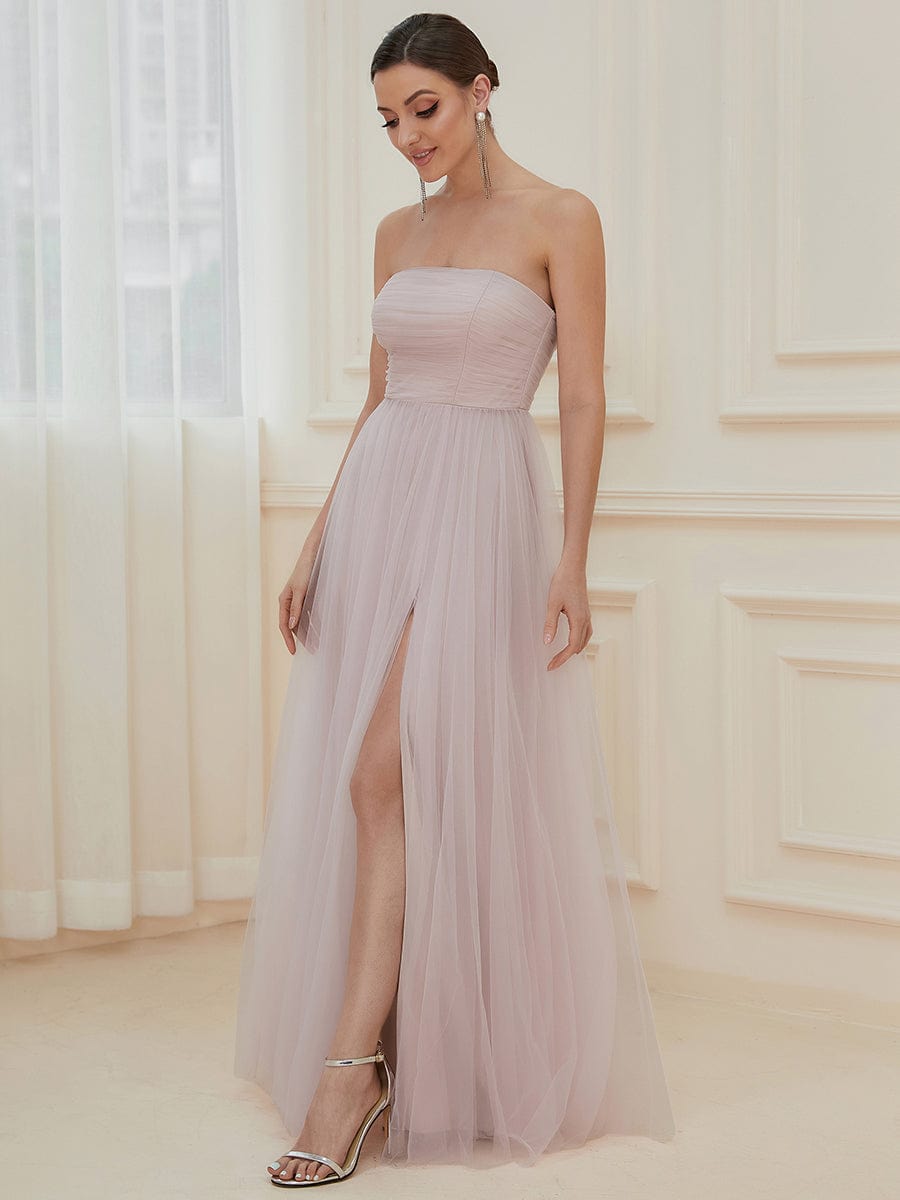 Strapless Ruched Tulle High Slit Floor-Length Evening Dress