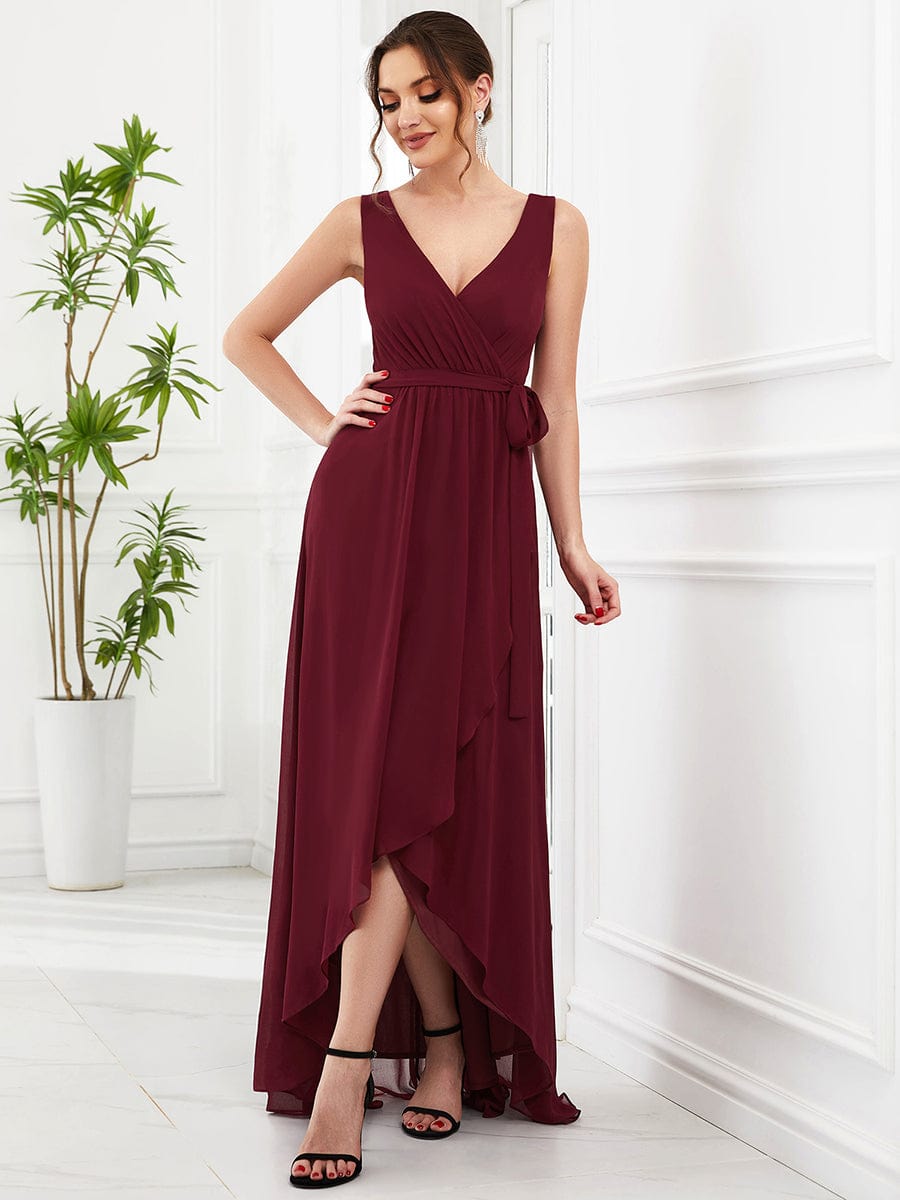 Chiffon Sleeveless Front Slit V-Neck Layered Formal Evening Dress