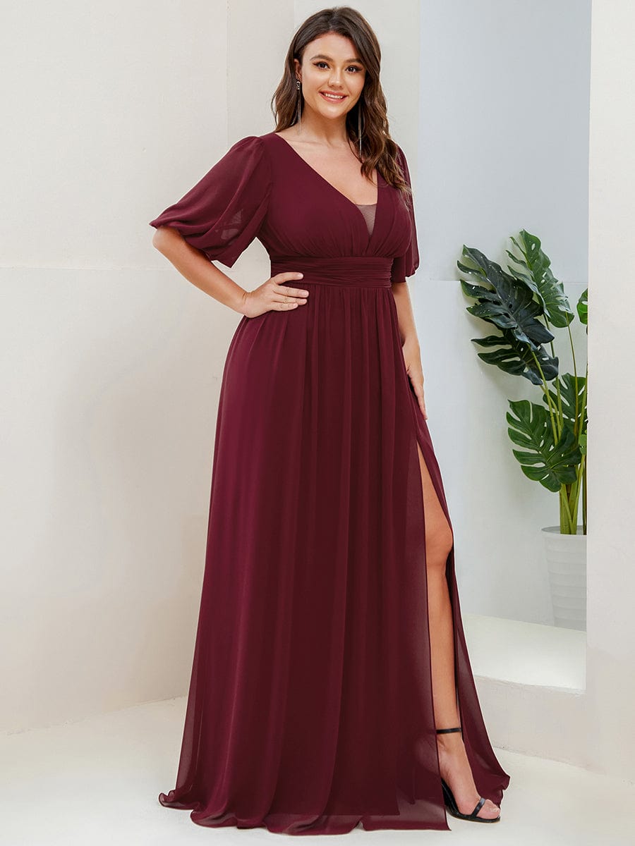 Plus Size V-Neck Front Slit Chiffon Evening Dress