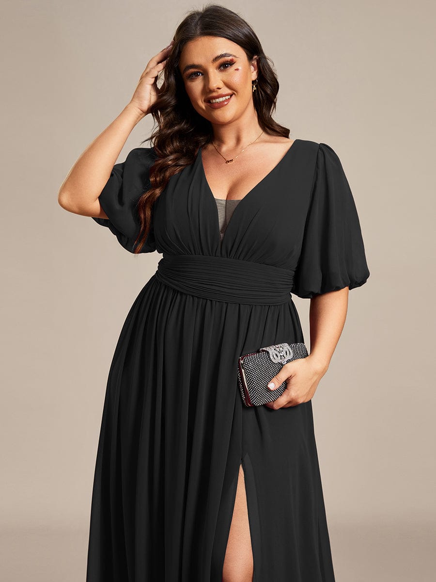 Chiffon Illusion V-Neck Flutter Sleeve Front Slit Evening Dress