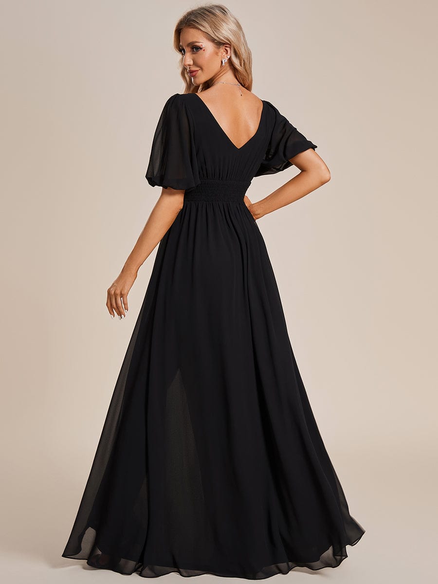 Chiffon Illusion V-Neck Flutter Sleeve Front Slit Evening Dress