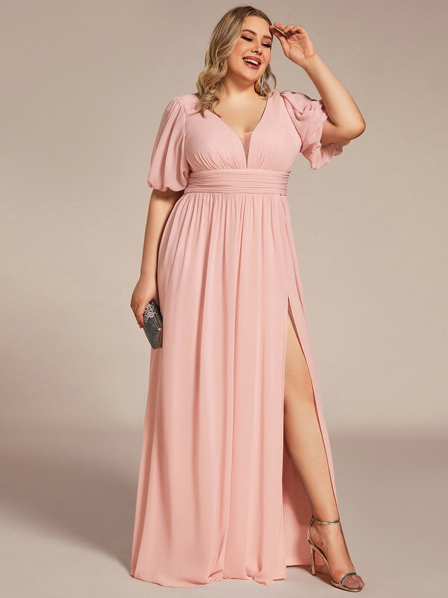 Plus Size V-Neck Front Slit Chiffon Evening Dress