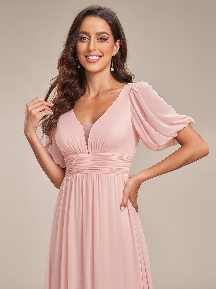 Chiffon Illusion V-Neck Flutter Sleeve Front Slit Evening Dress