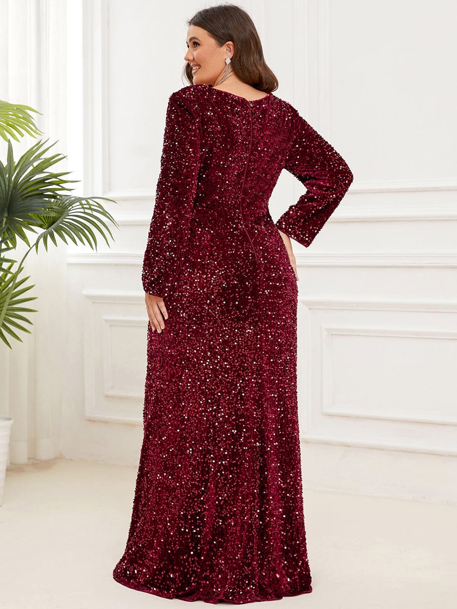 Plus Size Sequin V-Neck Long Sleeve High Slit Bodycon Evening Dress