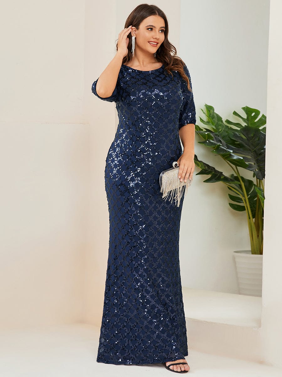 Plus Size Sequin Bodycon 3/4 Sleeve Boatneck Evening Dress