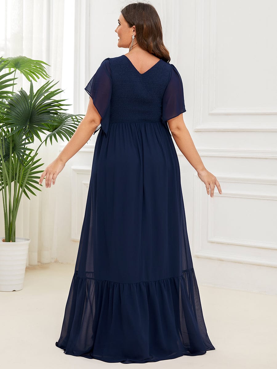 Short Sleeve V-Neck Shirred A-Line Evening Dress