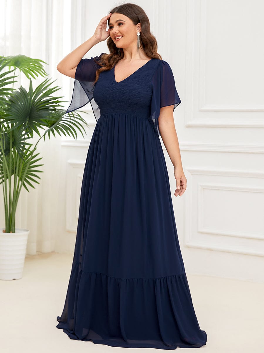 Short Sleeve V-Neck Shirred A-Line Evening Dress