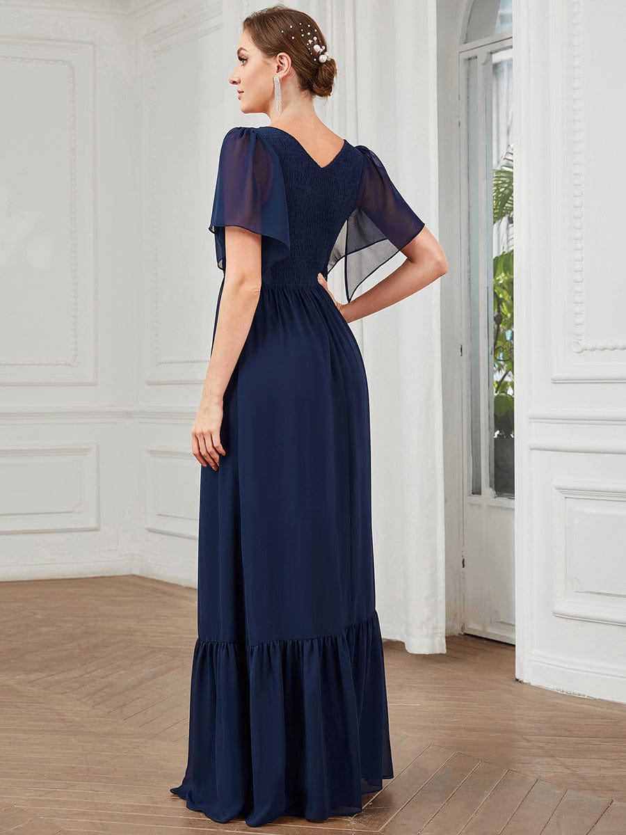 Pleated V-Neck Split Sleeve Chiffon Mother of the Bride Dress