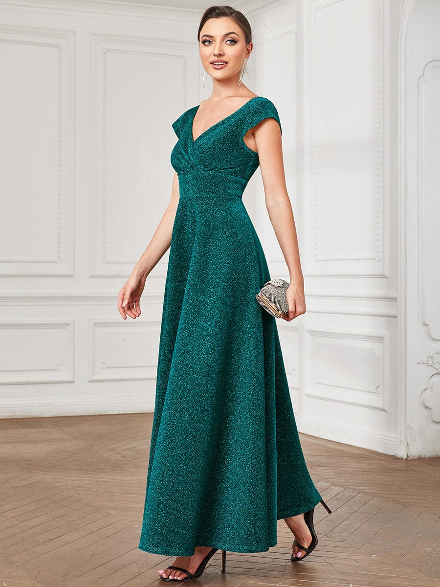 Pleated Cap Sleeve V-Neck A-Line Evening Dress