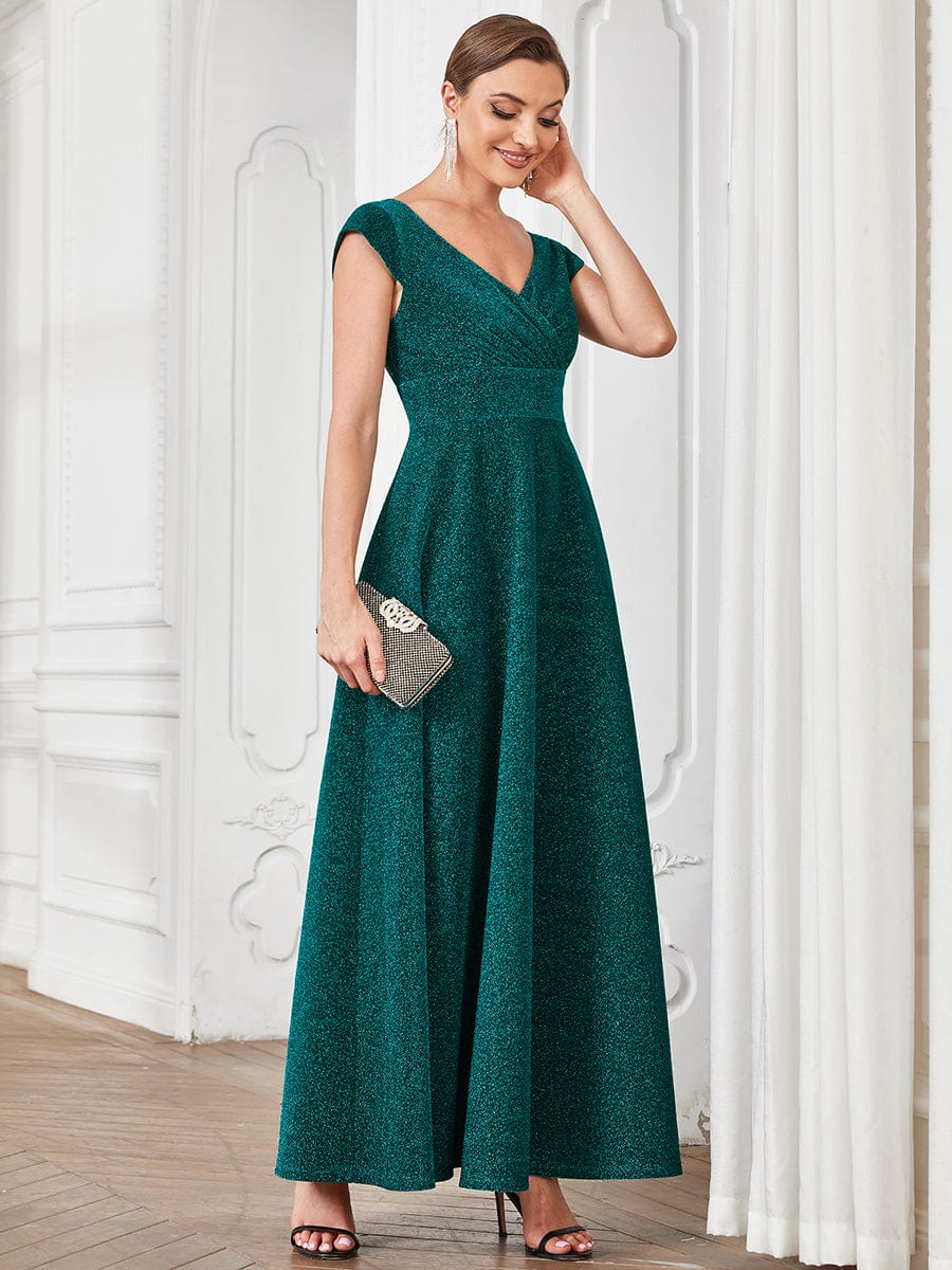 Pleated Cap Sleeve V-Neck A-Line Evening Dress