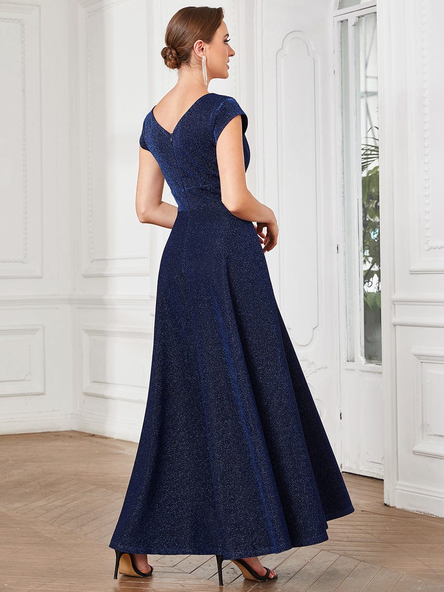 Pleated Cap Sleeve V-Neck A-Line Evening Dress