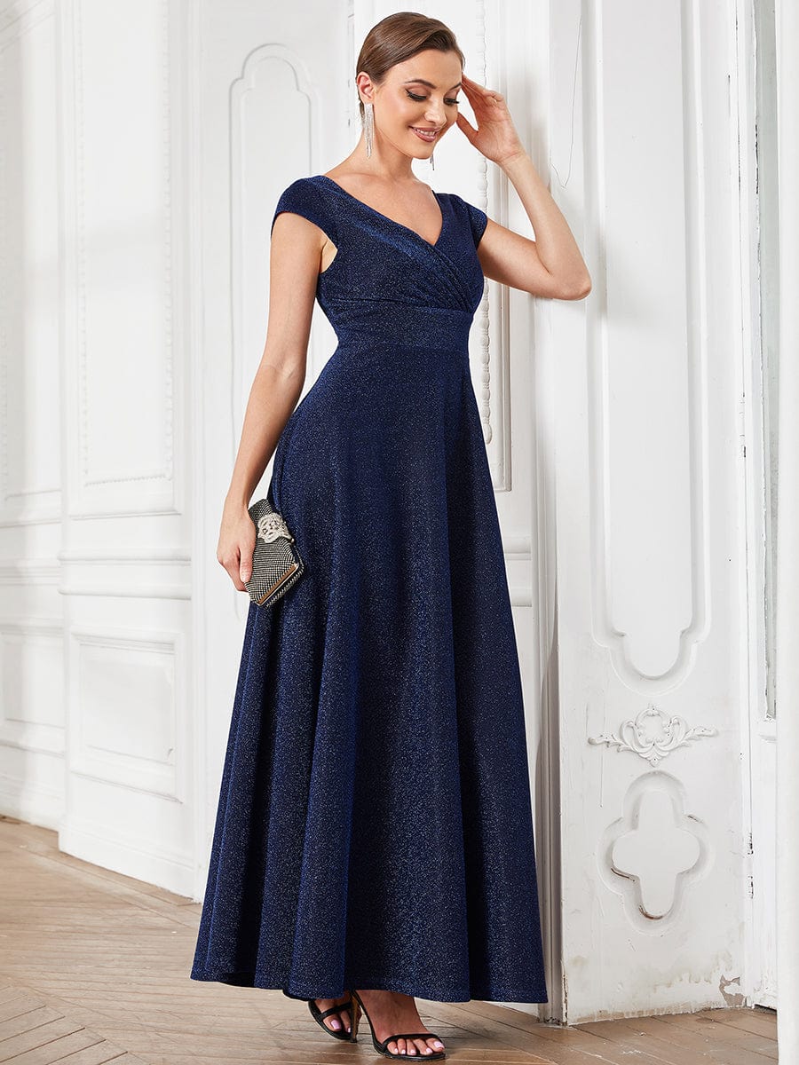 Pleated Cap Sleeve V-Neck A-Line Evening Dress