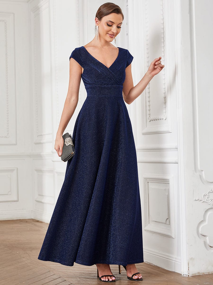 Pleated Cap Sleeve V-Neck A-Line Evening Dress