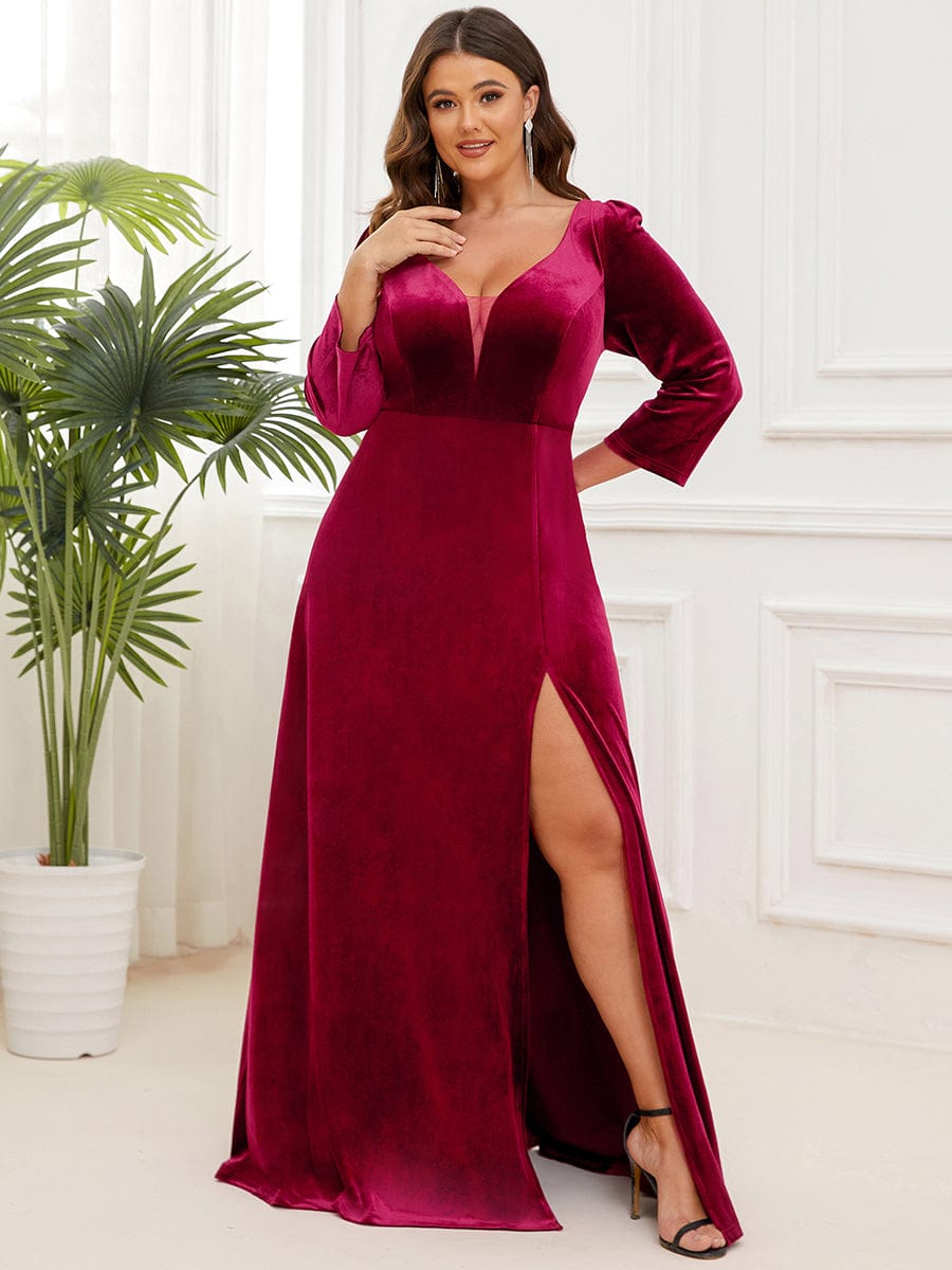 Velvet 3/4 Length Sleeve Illusion V-Neck Front Slit Evening Dress