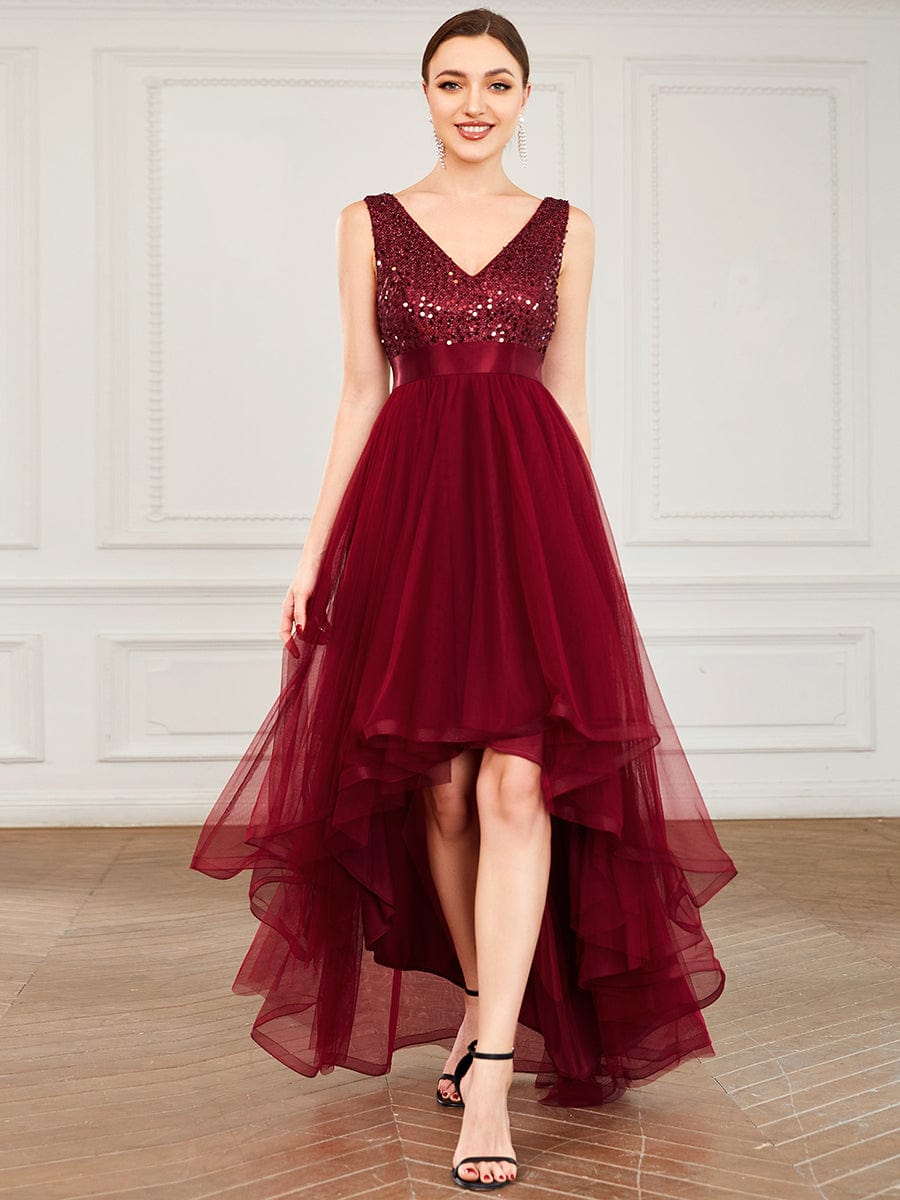 Sequin Bodice Tulle High-Low Evening Dress with Ribbon Waist