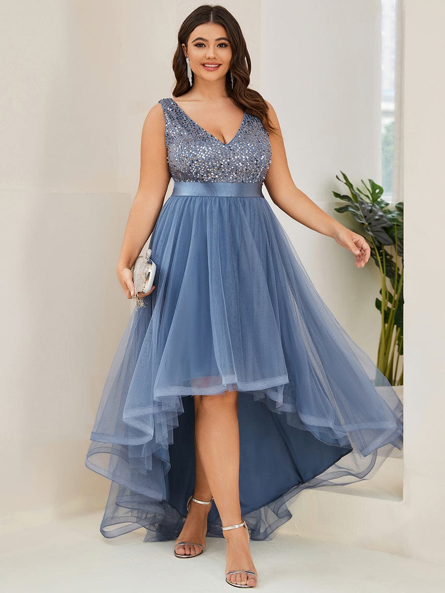 Plus Size Sleeveless Sequin Ribbon Waist Tulle High Low Evening Dress