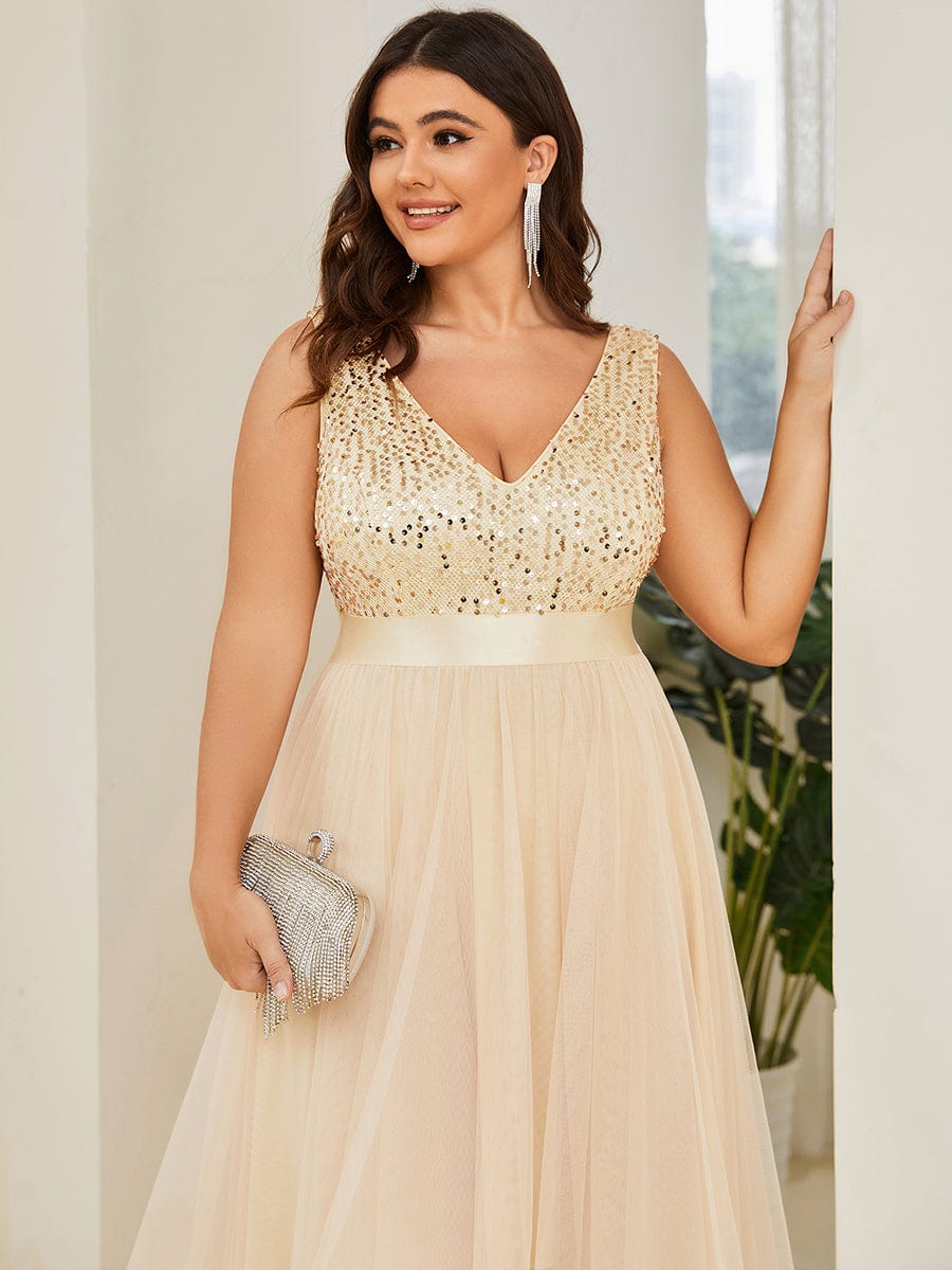 Sequin Bodice Tulle High-Low Evening Dress with Ribbon Waist