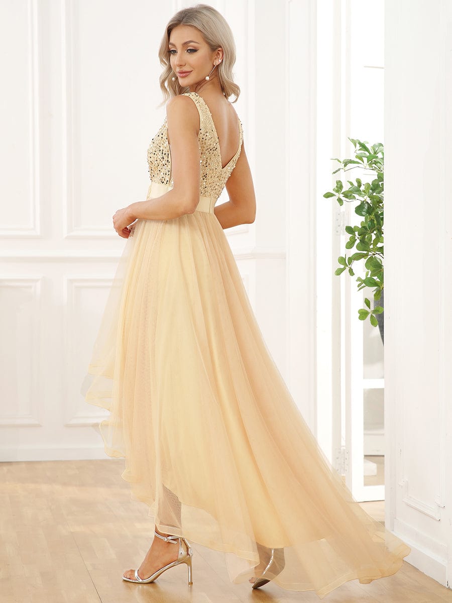 Sequin Bodice Tulle High-Low Evening Dress with Ribbon Waist