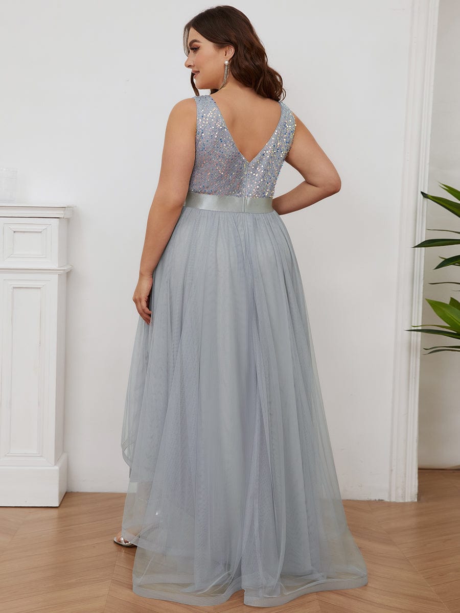 Plus Size Sleeveless Sequin Ribbon Waist Tulle High Low Evening Dress