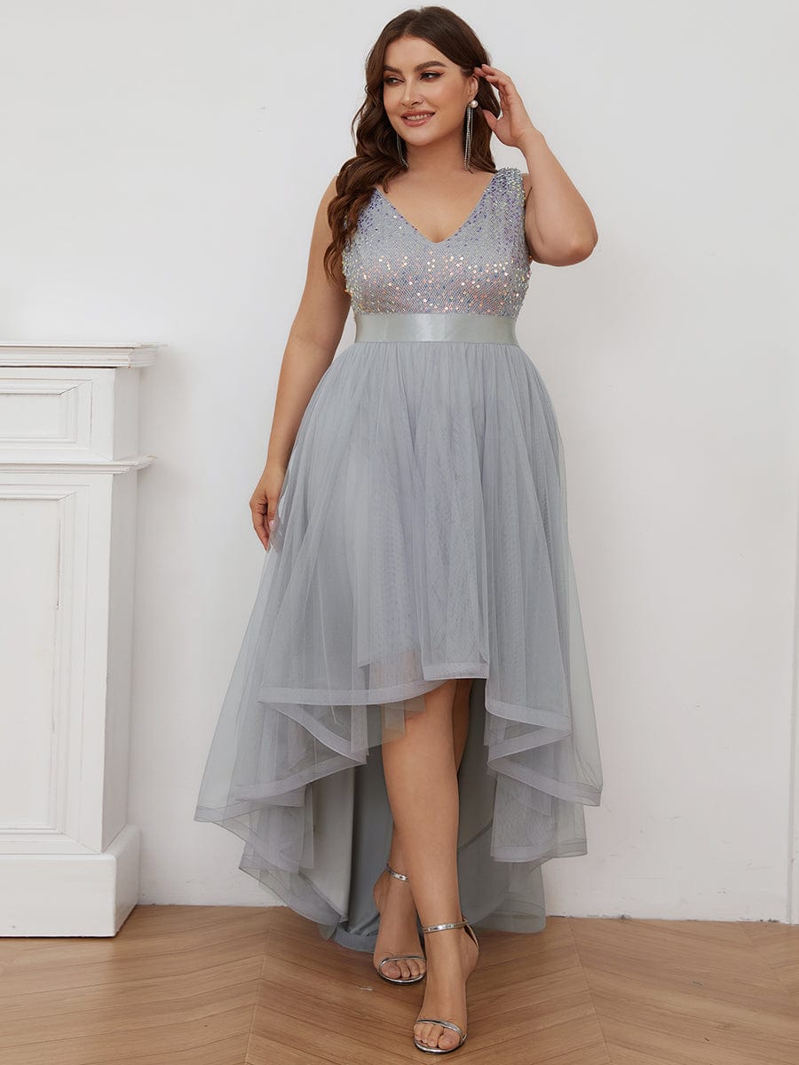 Sequin Bodice Tulle High-Low Evening Dress with Ribbon Waist